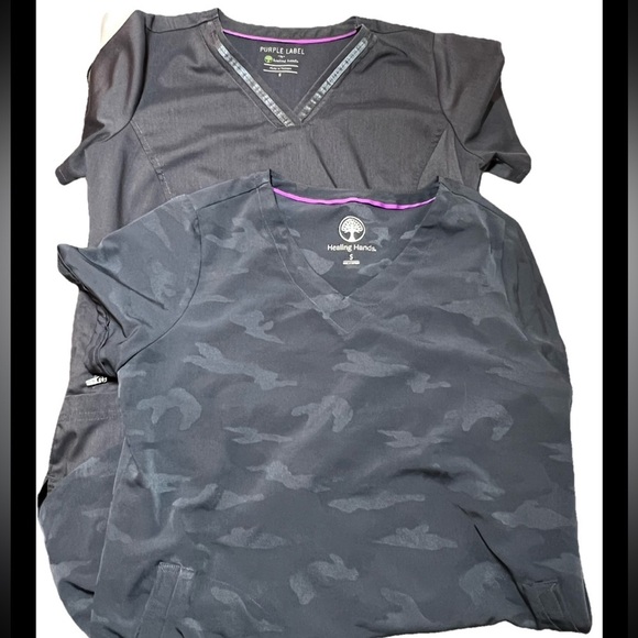 healing hands Tops - Lot of 2 Healing Hands Purple Label Yoga Grey Scrub Top Women’s Sz S Joy /Jasmin